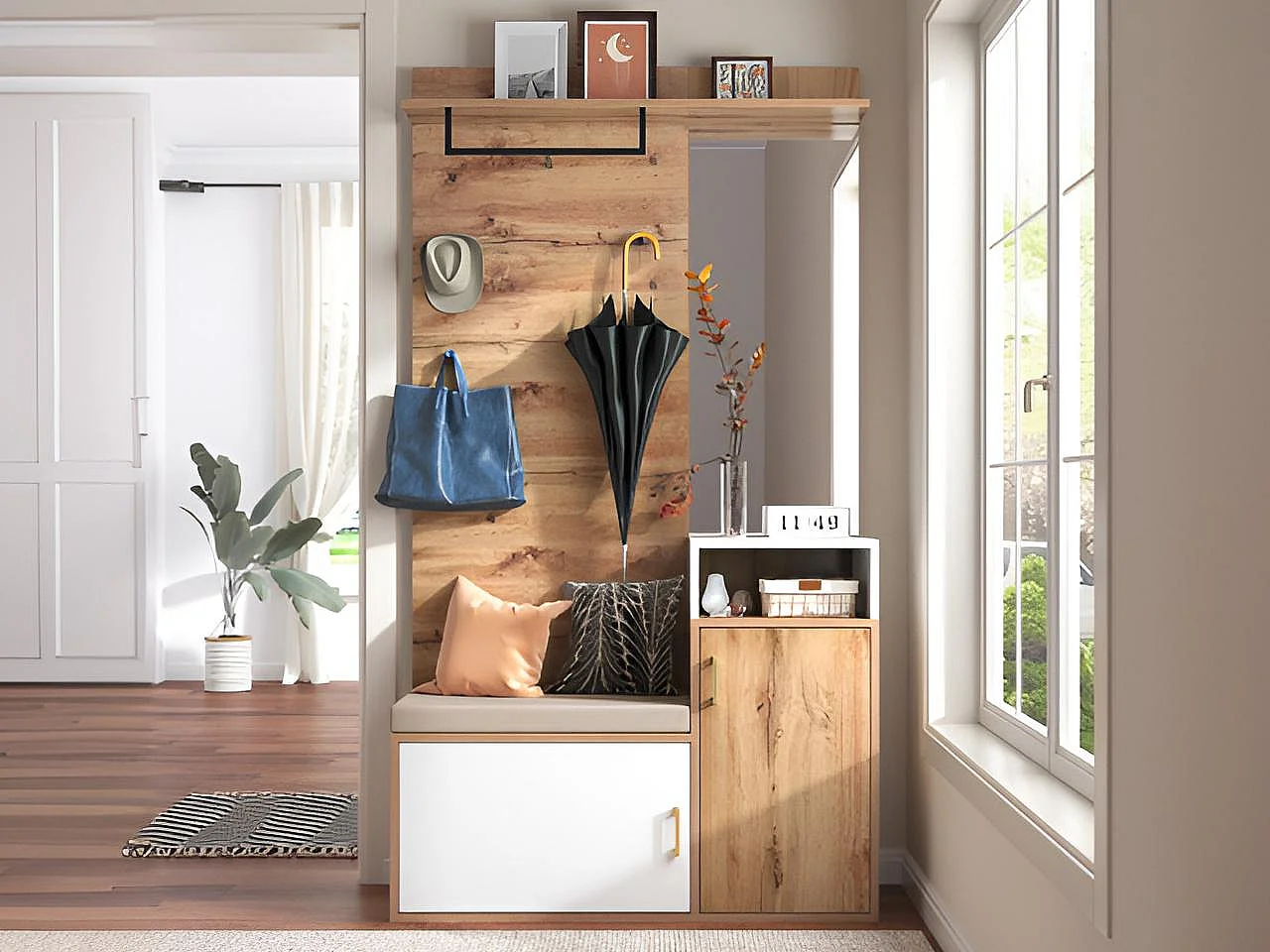 Ensemble Vestiaire Moderne avec Porte-Manteau, Banc à Chaussures et Miroir - Blanc & Naturel