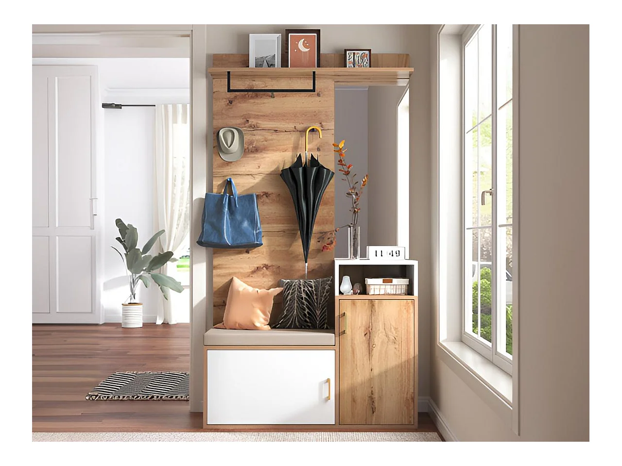 Ensemble vestiaire avec porte manteau + banc à chaussures + miroir - Blanc & Naturel