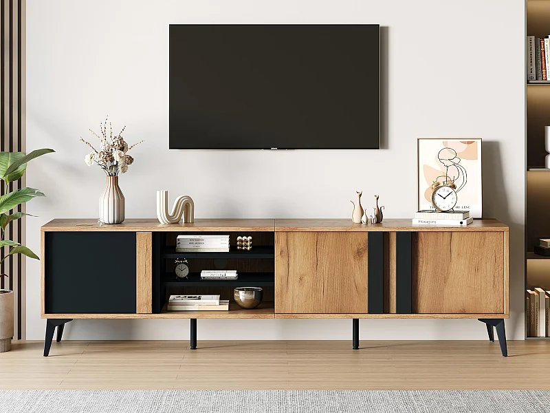 Meuble TV L 180 cm - avec 3 portes et 3 compartiments - Marron