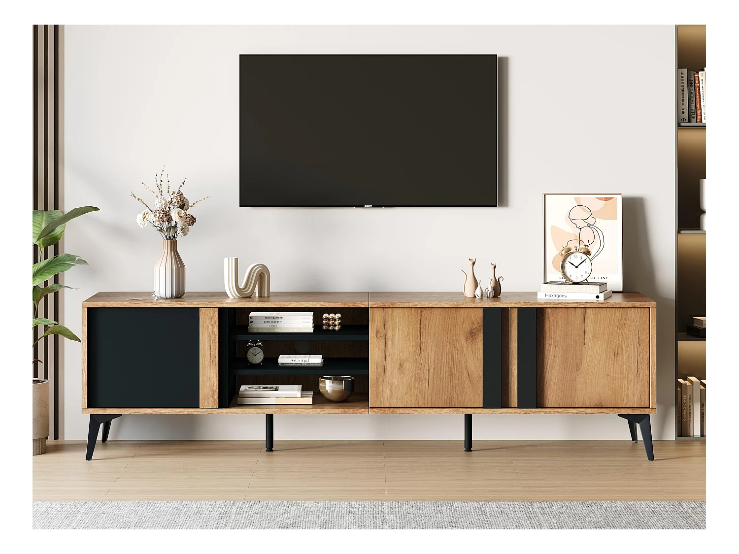 Meuble TV L 180 cm - avec 3 portes et 3 compartiments - Marron