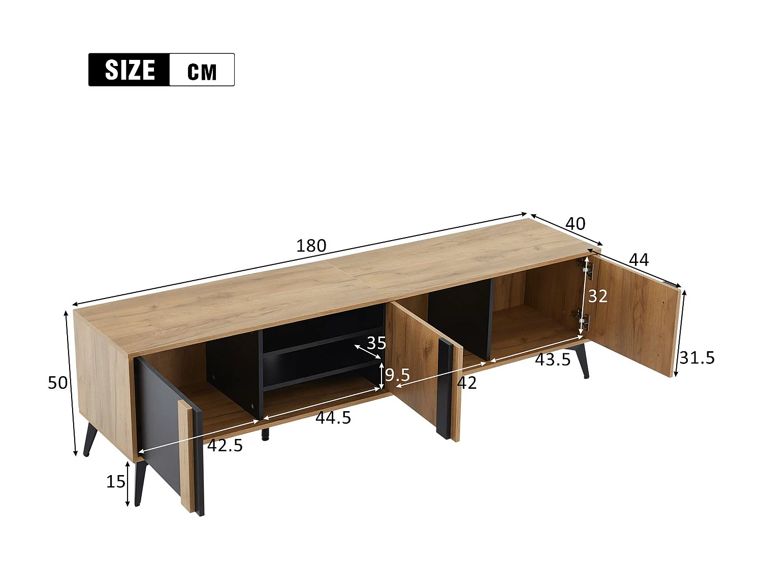 TV-Schrank L 180 cm – mit 3 Türen und 3 Fächern – Braun