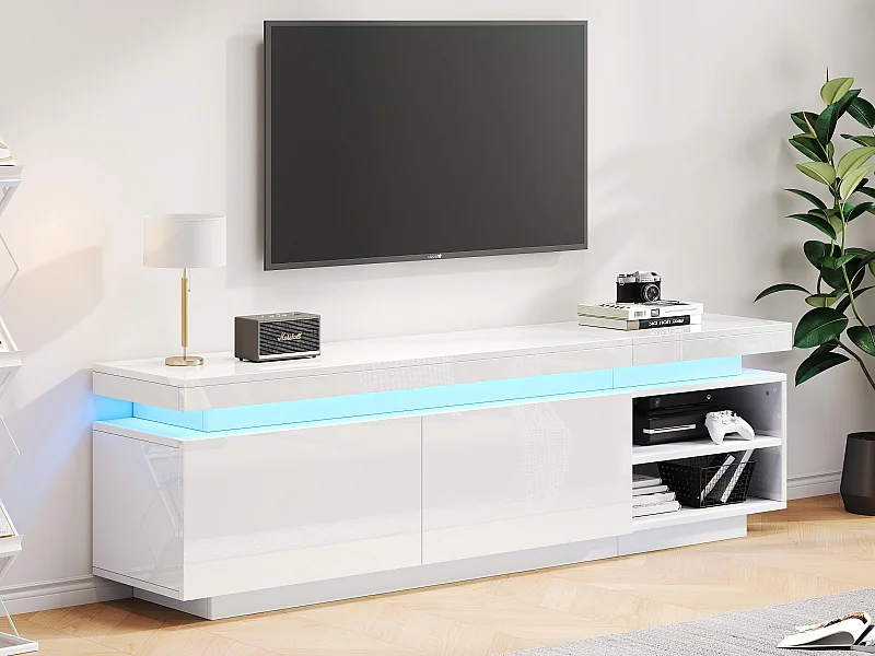 Glänzender TV-Schrank mit LED – 2 Türen und 2 Fächer – Weiß