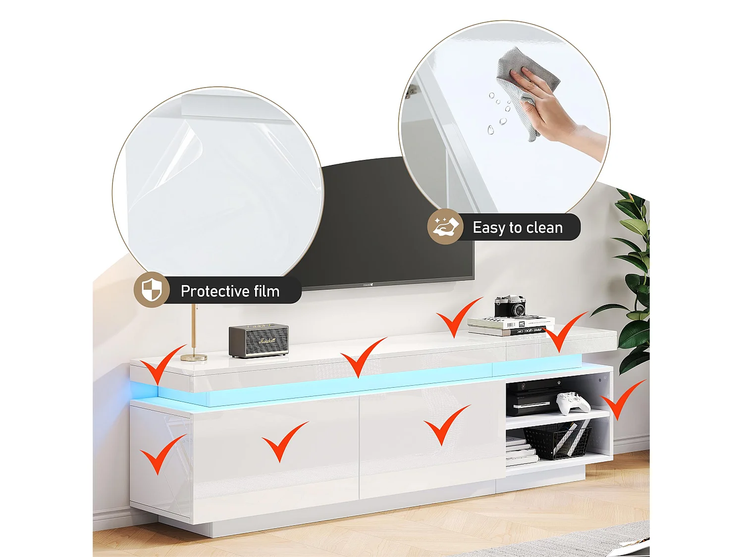 Meuble TV brillant avec LED - 2 portes et 2 compartiments - Blanc