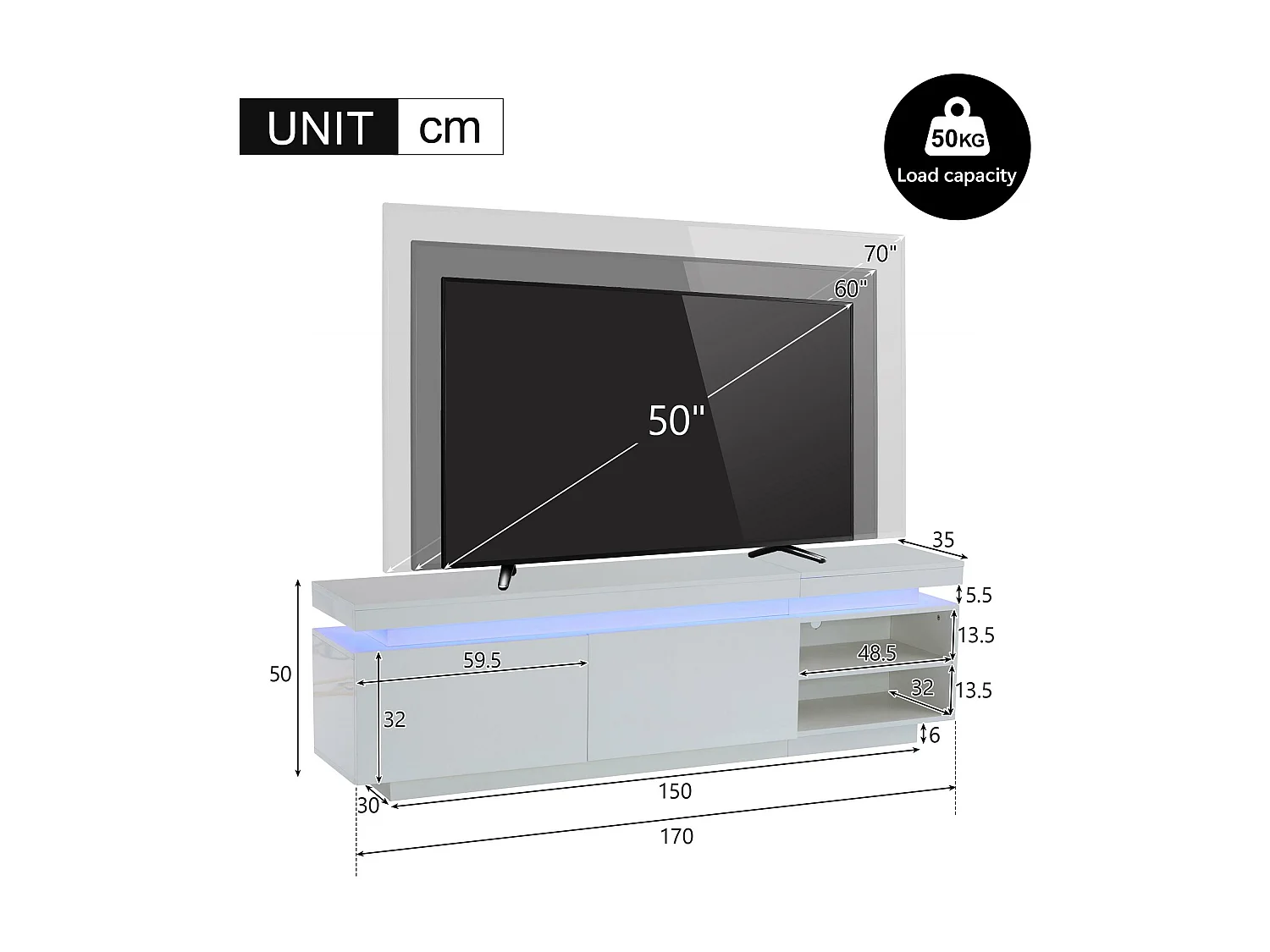 Meuble TV brillant avec LED - 2 portes et 2 compartiments - Blanc