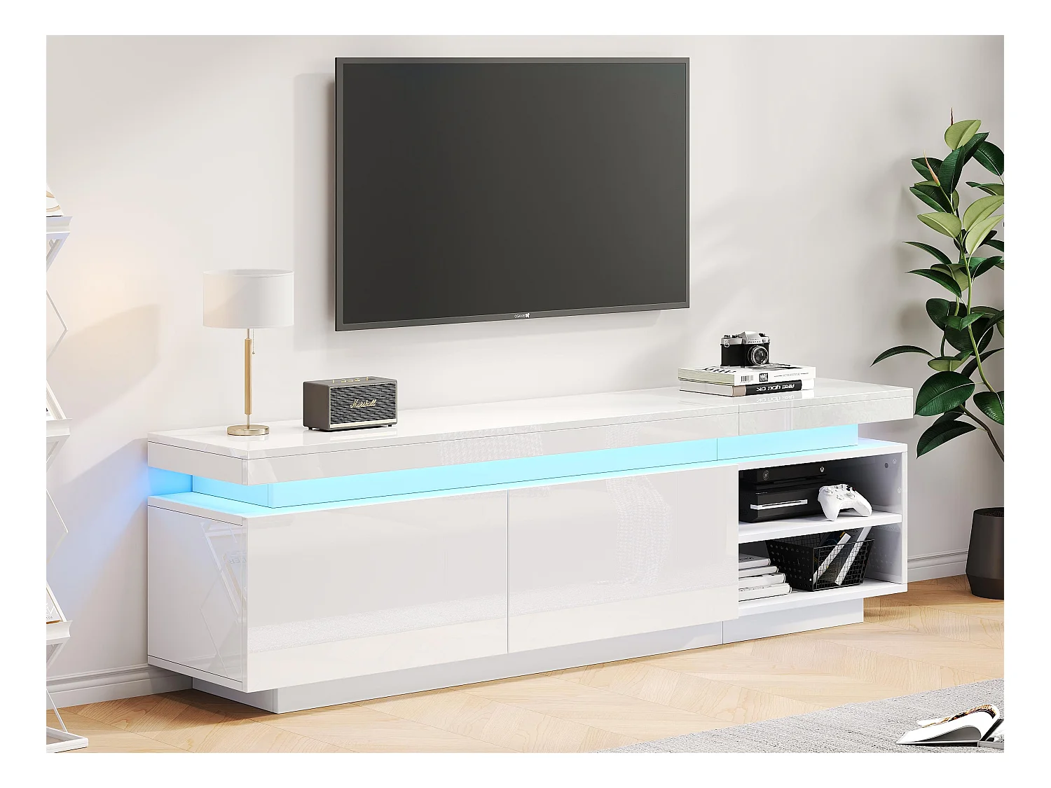 Meuble TV brillant avec LED - 2 portes et 2 compartiments - Blanc
