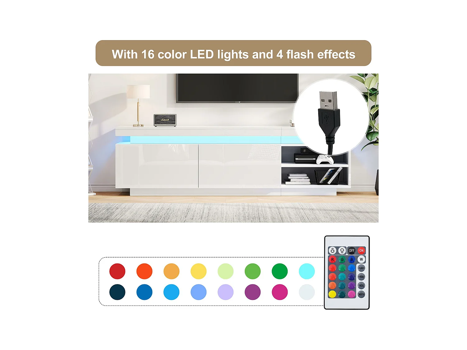 Meuble TV brillant avec LED - 2 portes et 2 compartiments - Blanc