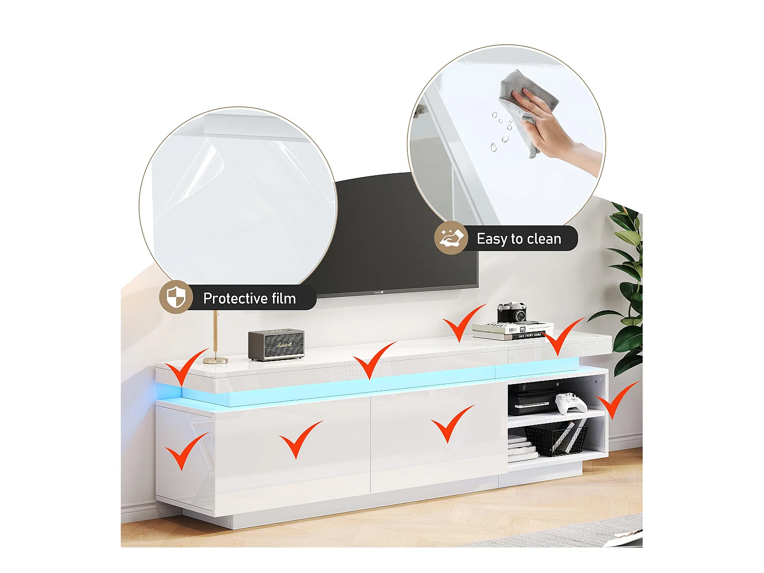 Meuble TV brillant avec LED - 2 portes et 2 compartiments - Blanc