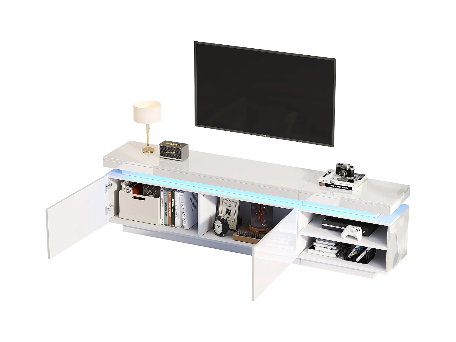 Meuble TV brillant avec LED - 2 portes et 2 compartiments - Blanc