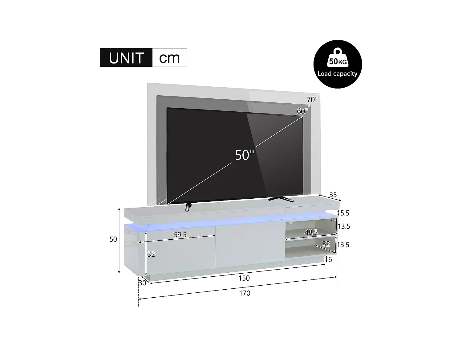 Meuble TV brillant avec LED - 2 portes et 2 compartiments - Blanc