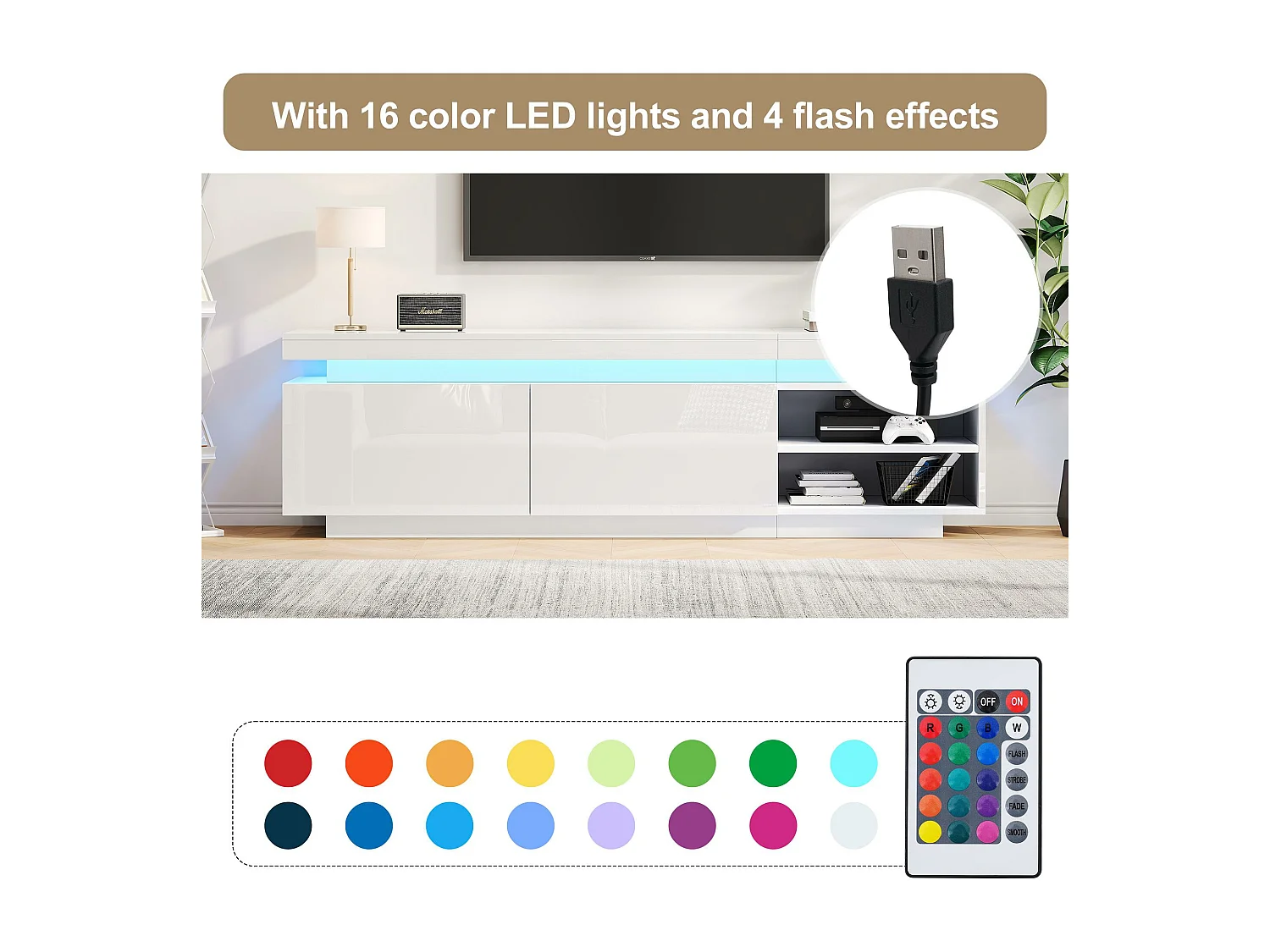 Glänzender TV-Schrank mit LED – 2 Türen und 2 Fächer – Weiß