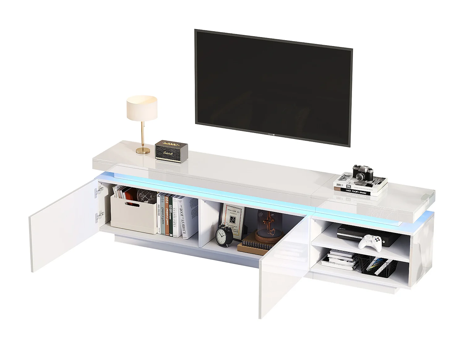 Glänzender TV-Schrank mit LED – 2 Türen und 2 Fächer – Weiß