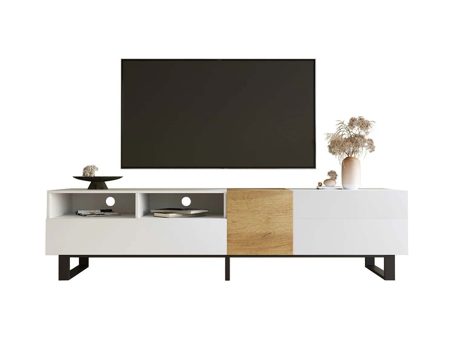 Meble TV 180 cm - z 2 szufladami i 5 przegrodami - z MDF - Biały i Naturalny