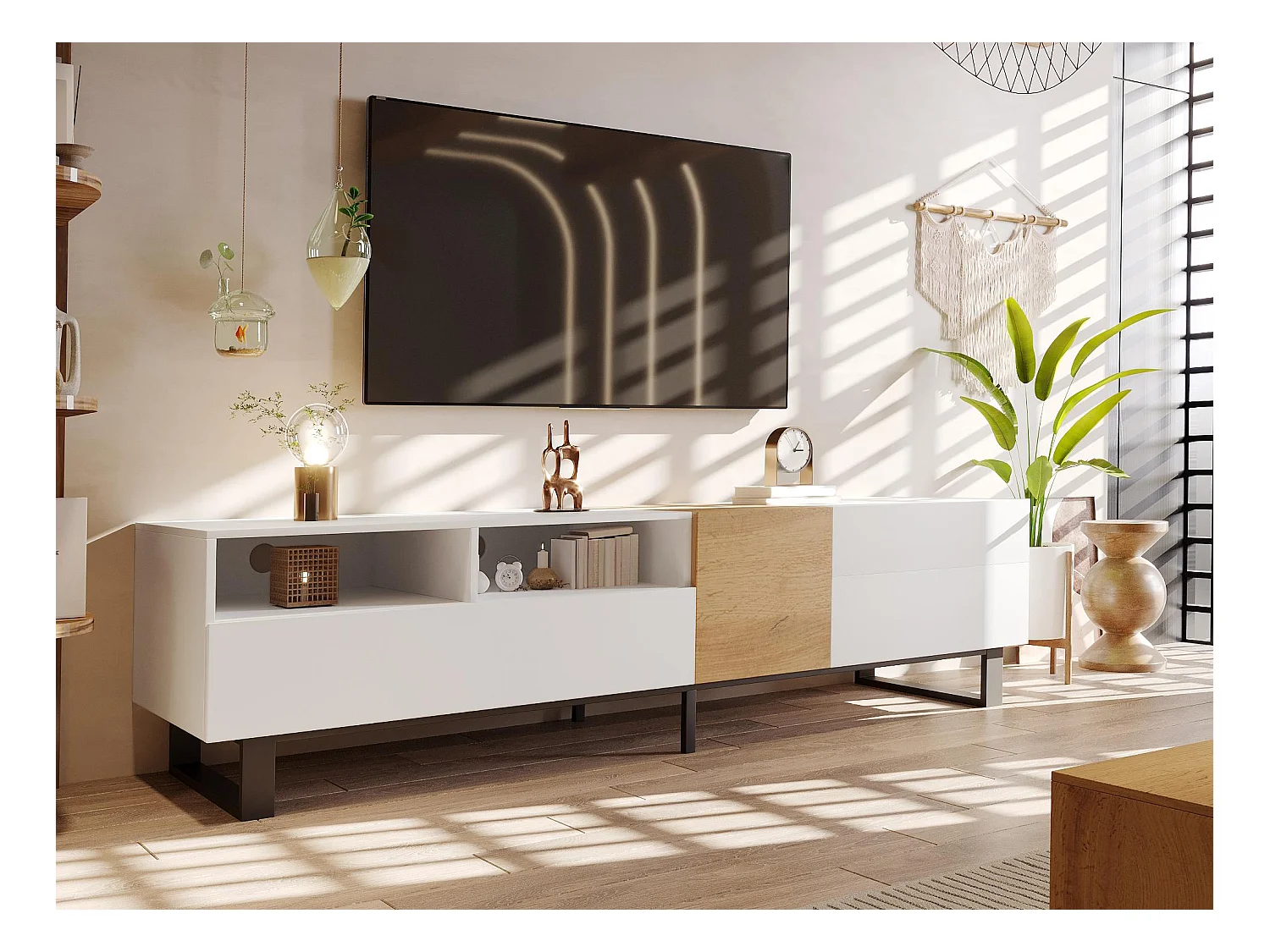 Meuble TV 180 cm - avec 2 tiroirs et 5 compartiments - en MDF - Blanc & Naturel