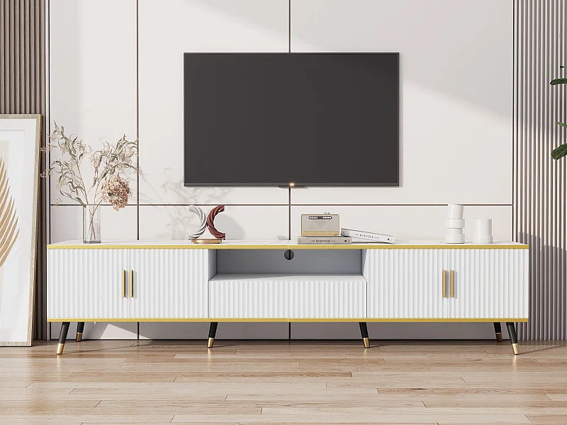 Modern TV-meubel 200 cm - Met 4 deuren en 1 lade - marmer effect - Wit & Goud