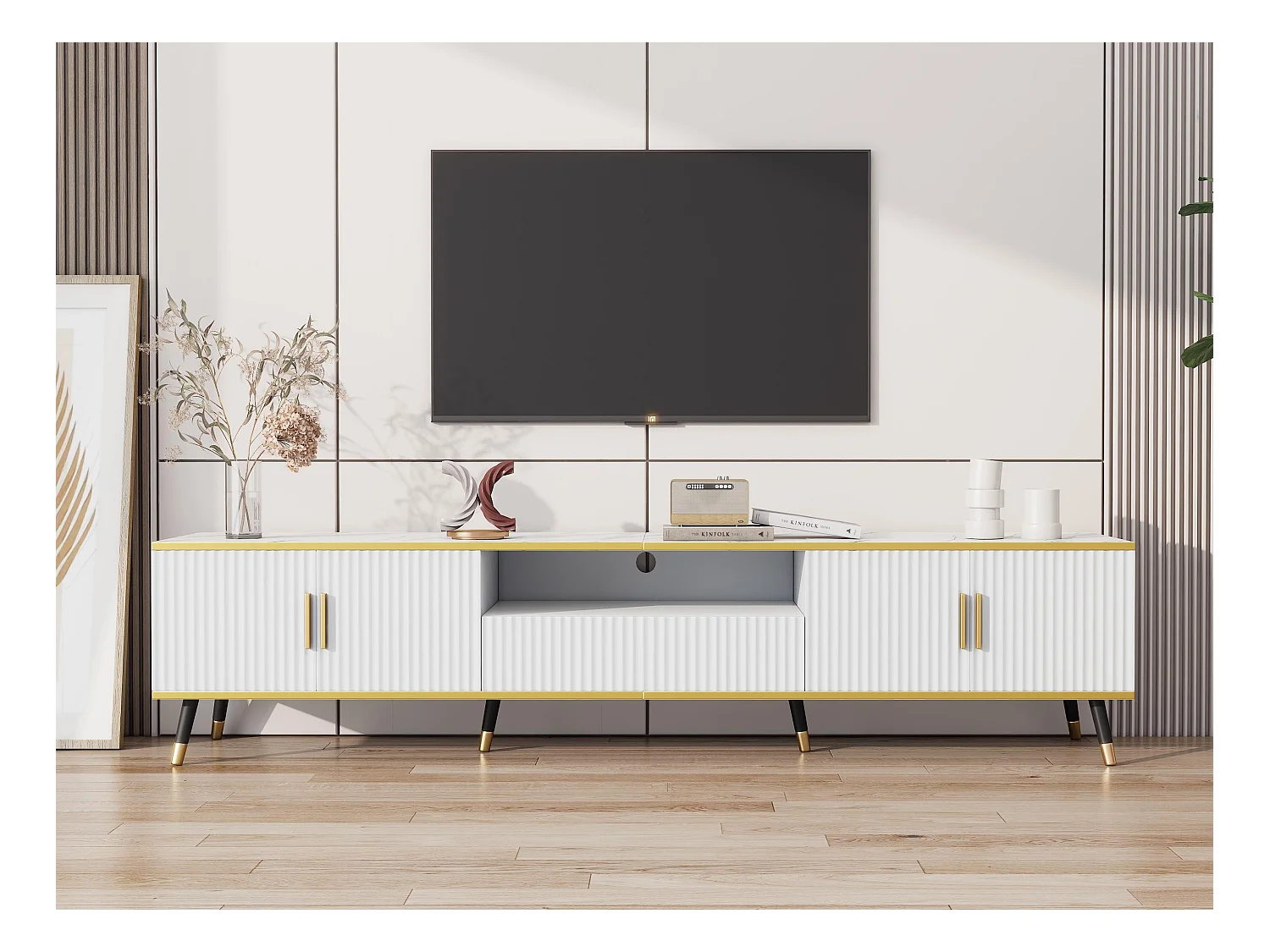 Meuble TV moderne 200cm - Avec 4 portes et 1 tiroir - effet marbre - Blanc & Doré