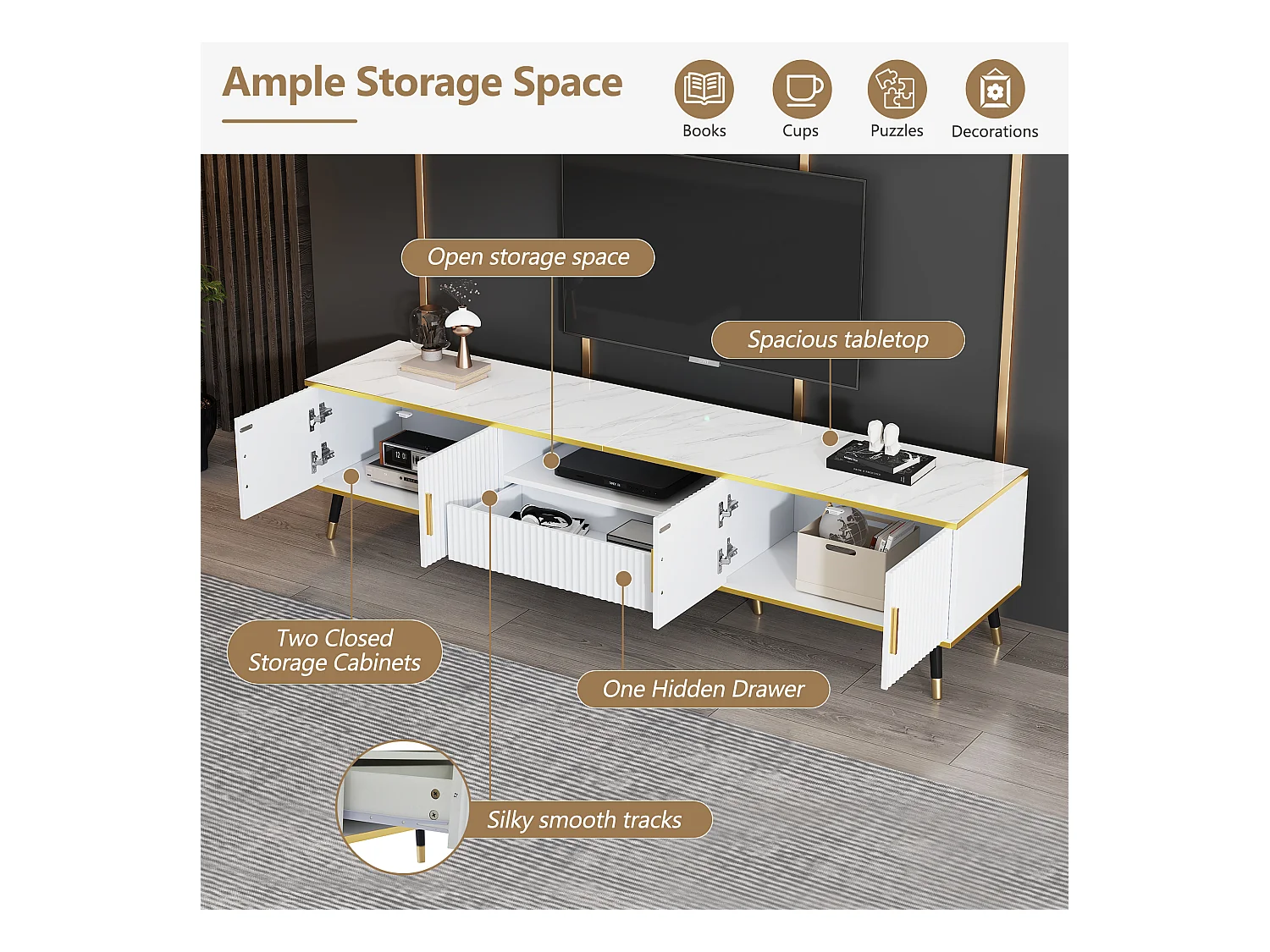 Meuble TV moderne 200cm - Avec 4 portes et 1 tiroir - effet marbre - Blanc & Doré