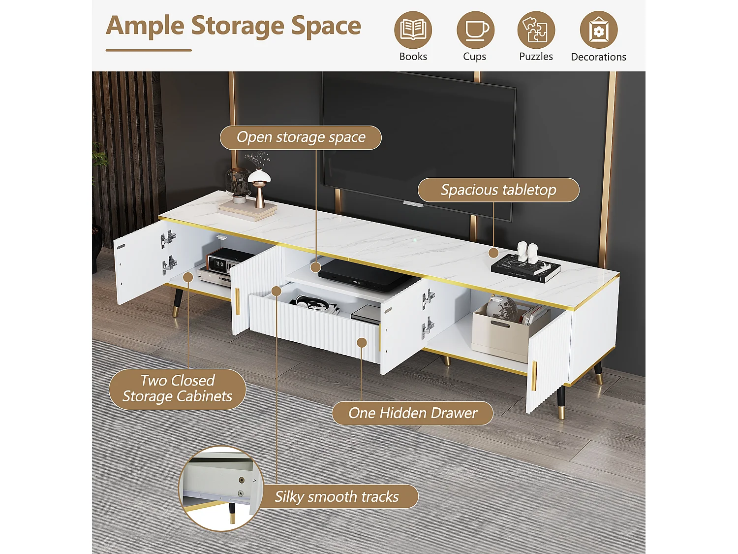 Meuble TV moderne 200cm - Avec 4 portes et 1 tiroir - effet marbre - Blanc & Doré