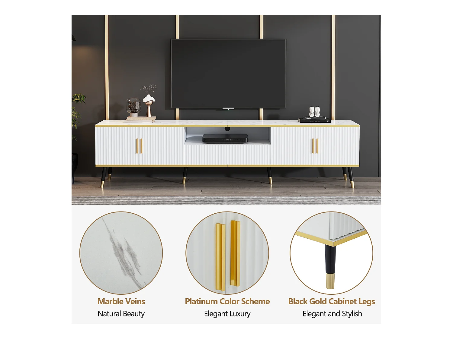 Meuble TV moderne 200cm - Avec 4 portes et 1 tiroir - effet marbre - Blanc & Doré