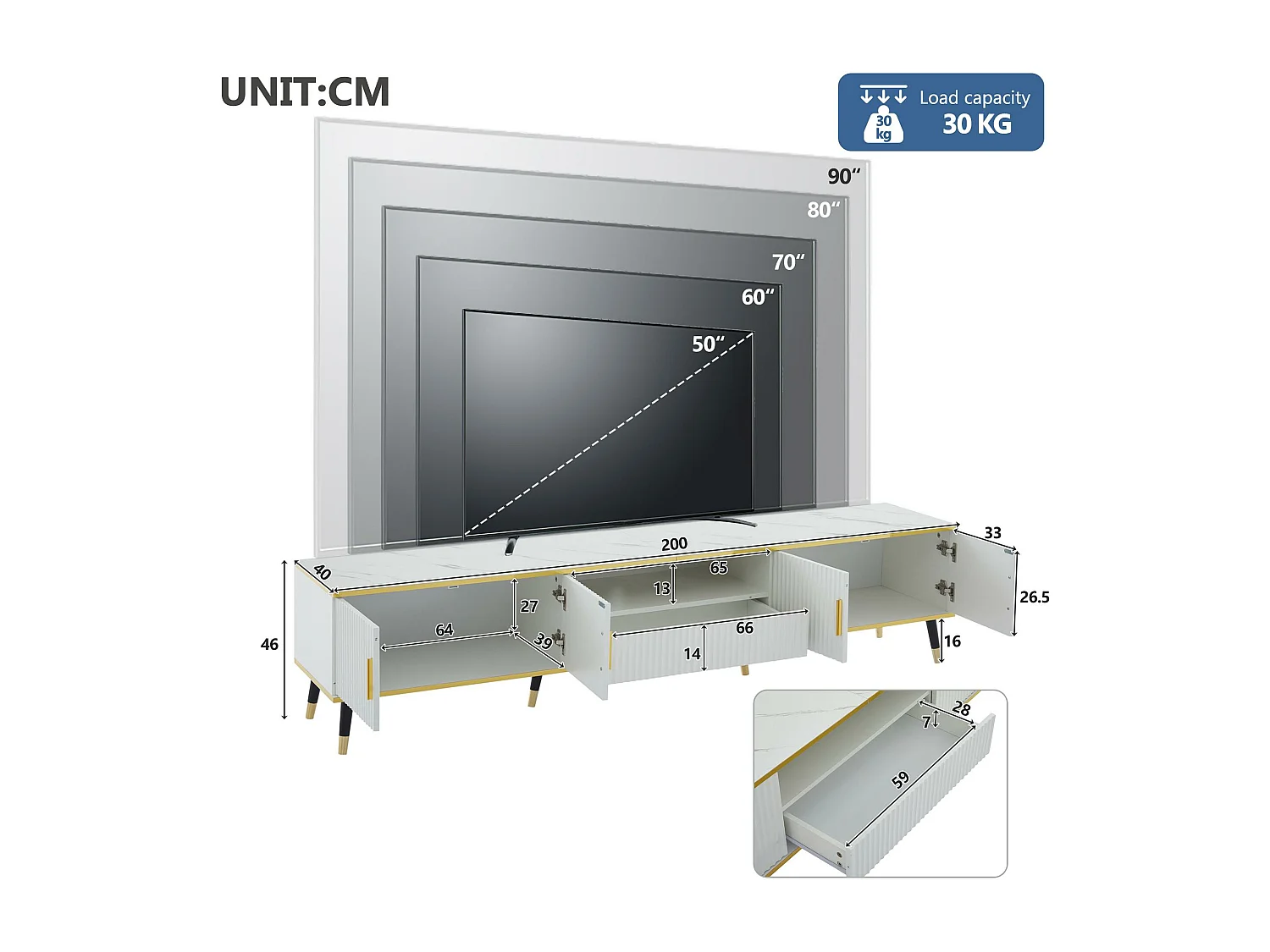 Meuble TV moderne 200cm - Avec 4 portes et 1 tiroir - effet marbre - Blanc & Doré