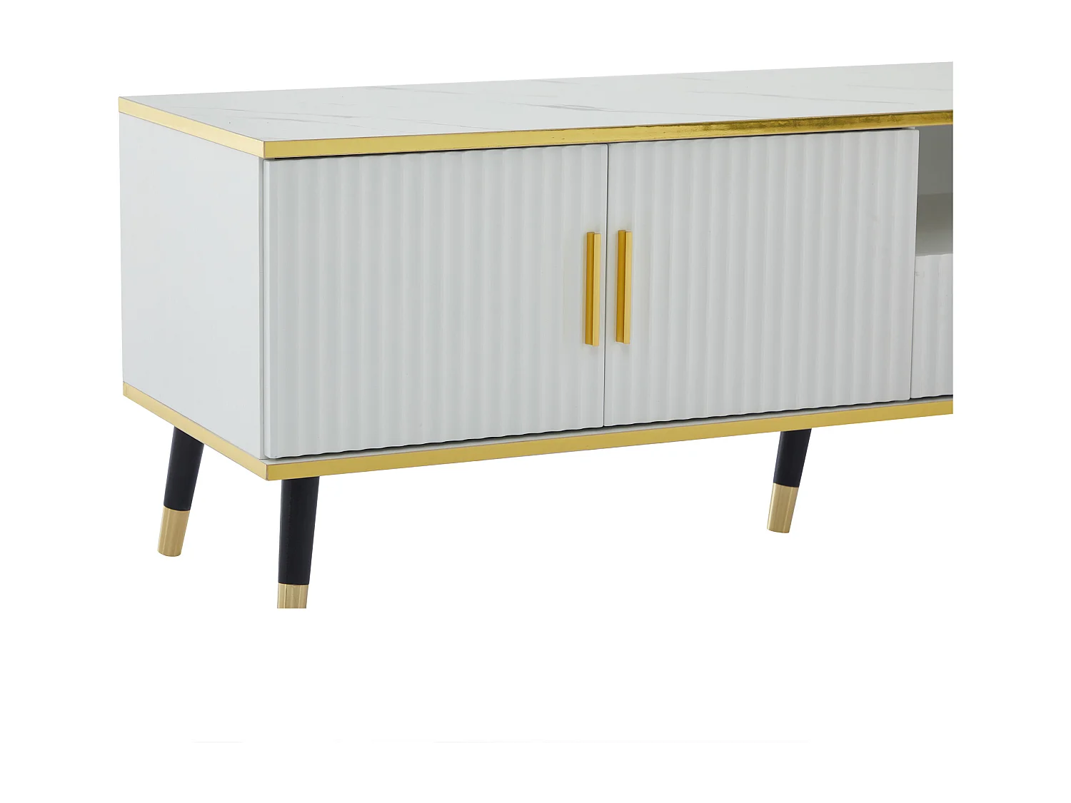 Meuble TV moderne 200cm - Avec 4 portes et 1 tiroir - effet marbre - Blanc & Doré