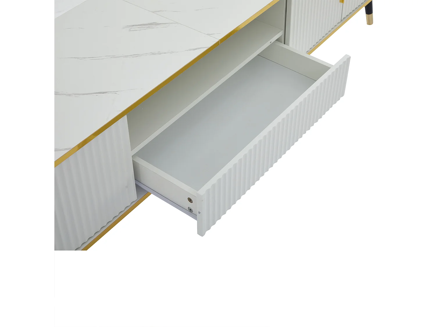 Meuble TV moderne 200cm - Avec 4 portes et 1 tiroir - effet marbre - Blanc & Doré