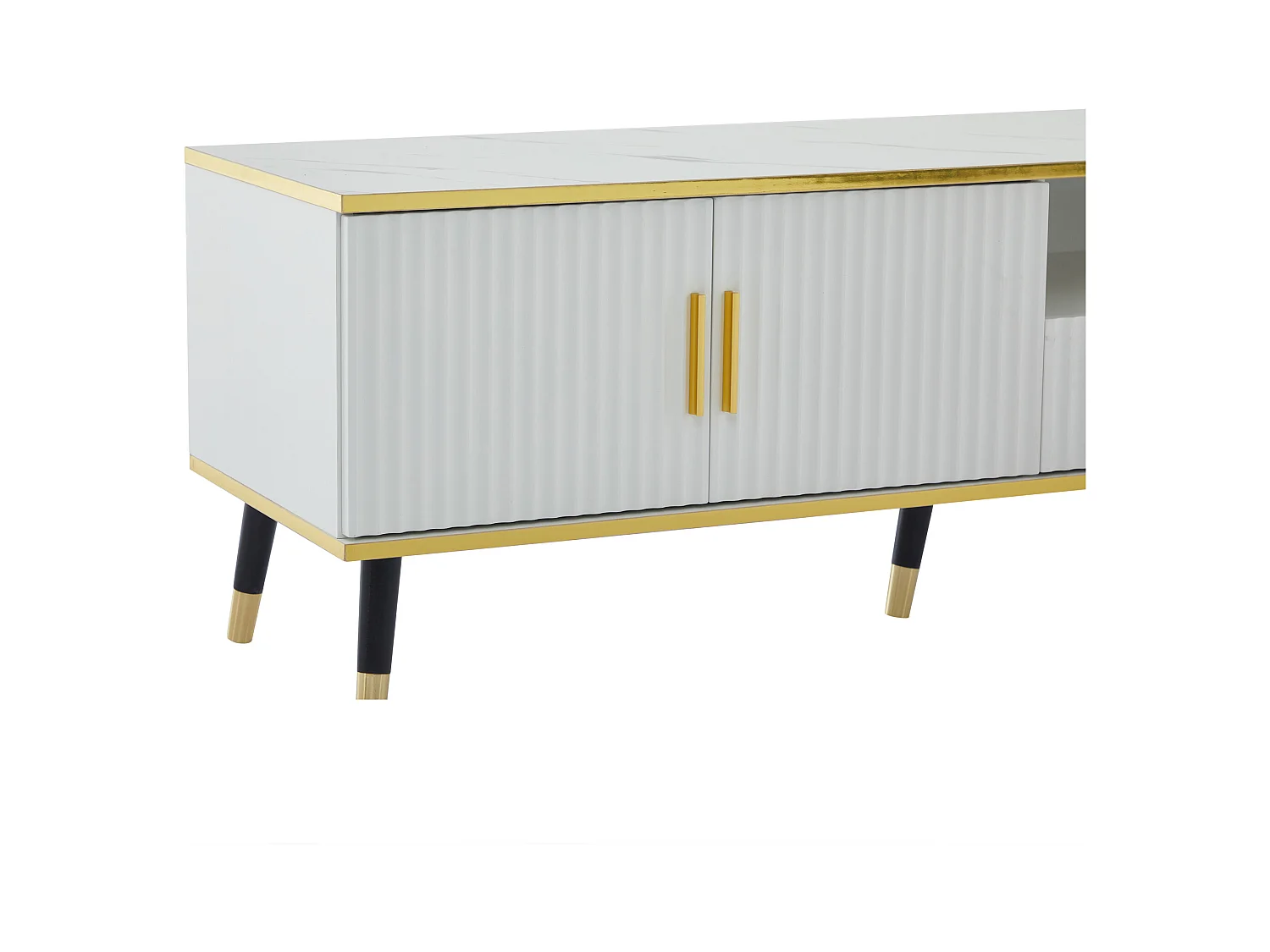 Meuble TV moderne 200cm - Avec 4 portes et 1 tiroir - effet marbre - Blanc & Doré