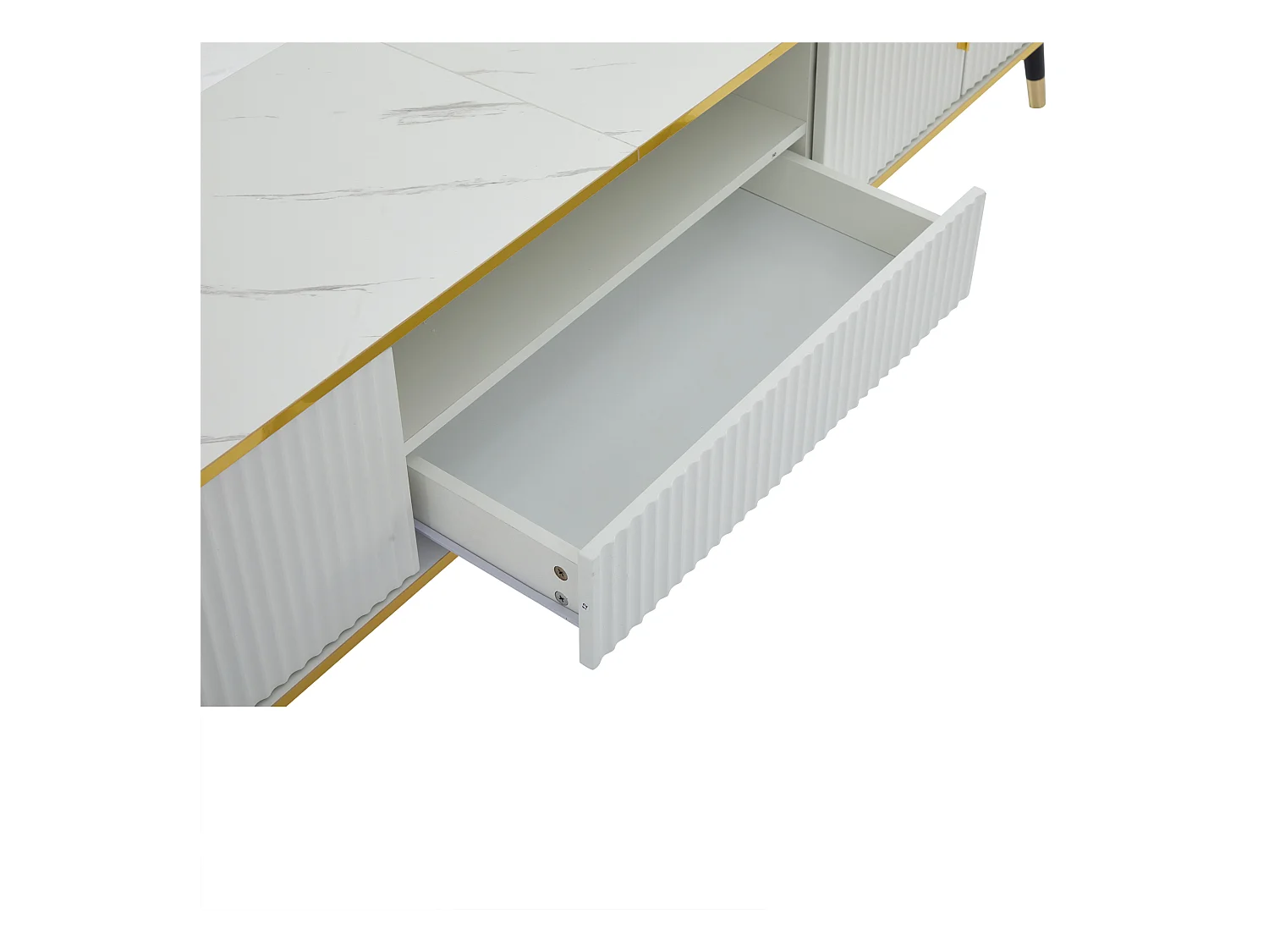 Meuble TV moderne 200cm - Avec 4 portes et 1 tiroir - effet marbre - Blanc & Doré