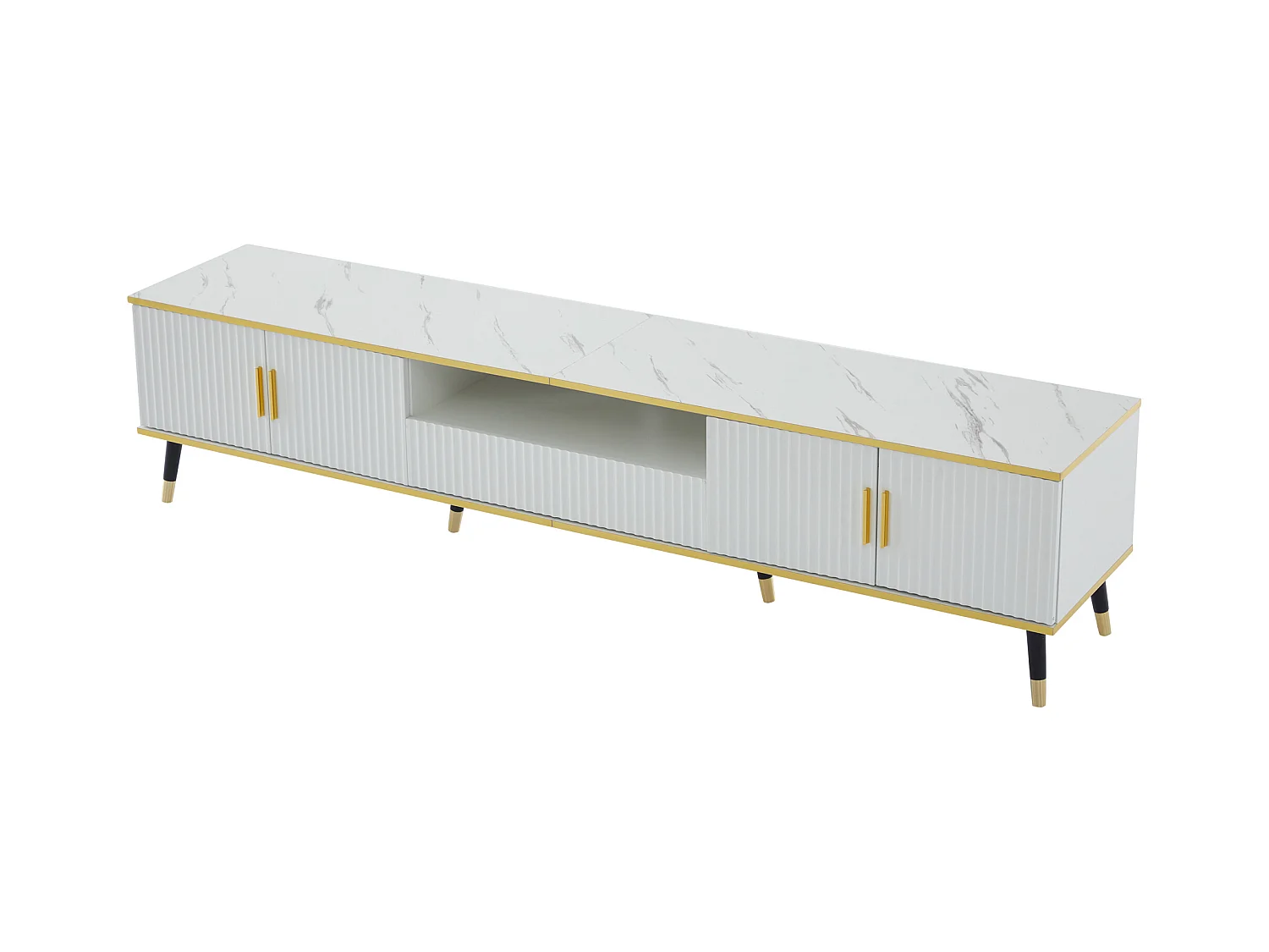 Meuble TV moderne 200cm - Avec 4 portes et 1 tiroir - effet marbre - Blanc & Doré