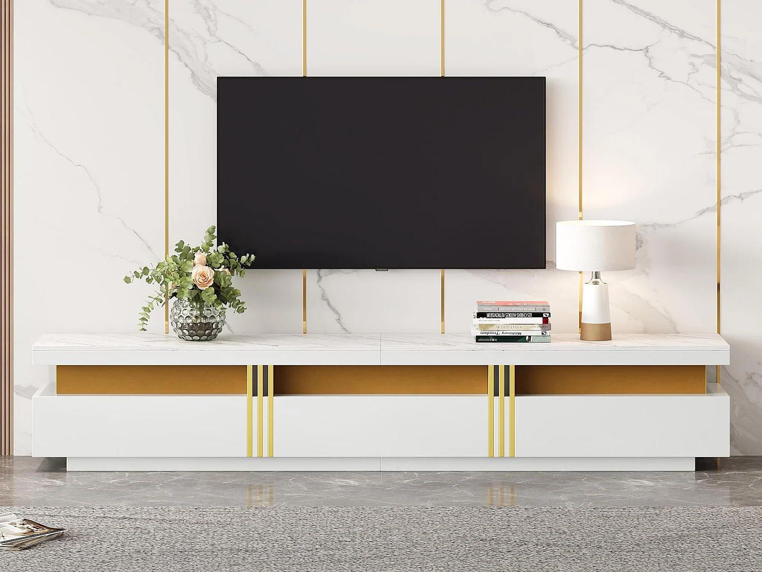 Moderner TV-Schrank 200 cm – mit 3 Schubladen – Marmoreffekt – Weiß