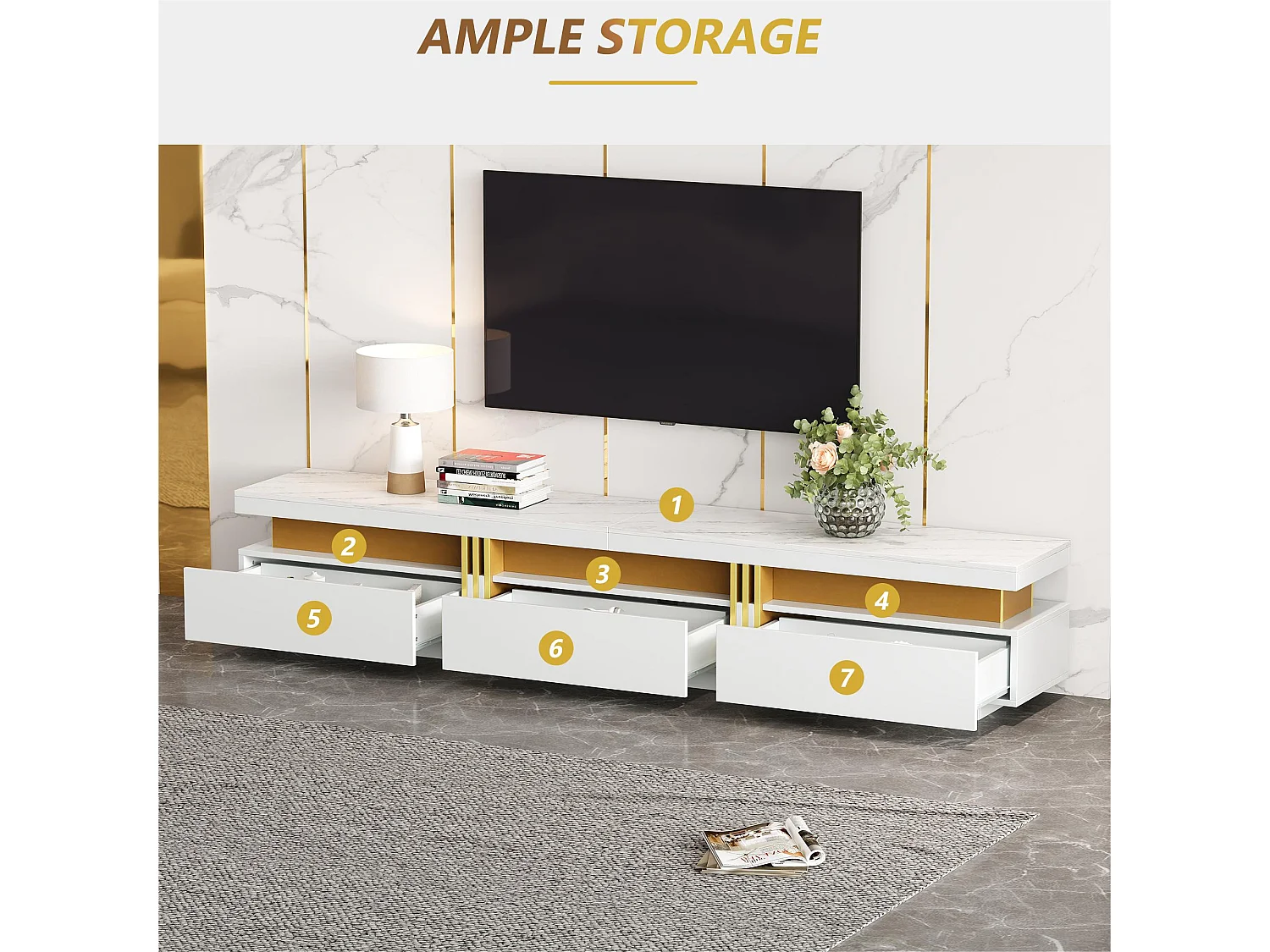 Moderner TV-Schrank 200 cm – mit 3 Schubladen – Marmoreffekt – Weiß