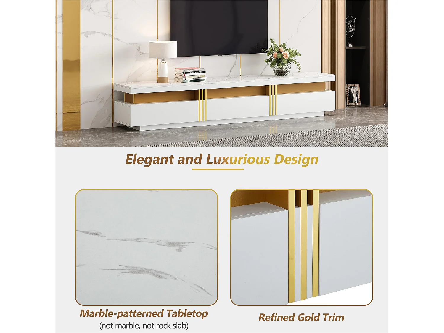 Moderner TV-Schrank 200 cm – mit 3 Schubladen – Marmoreffekt – Weiß