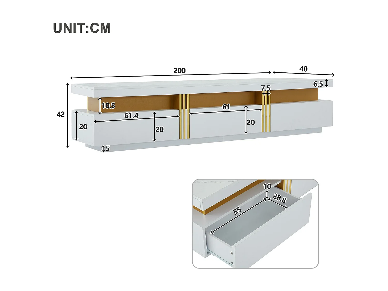 Moderner TV-Schrank 200 cm – mit 3 Schubladen – Marmoreffekt – Weiß