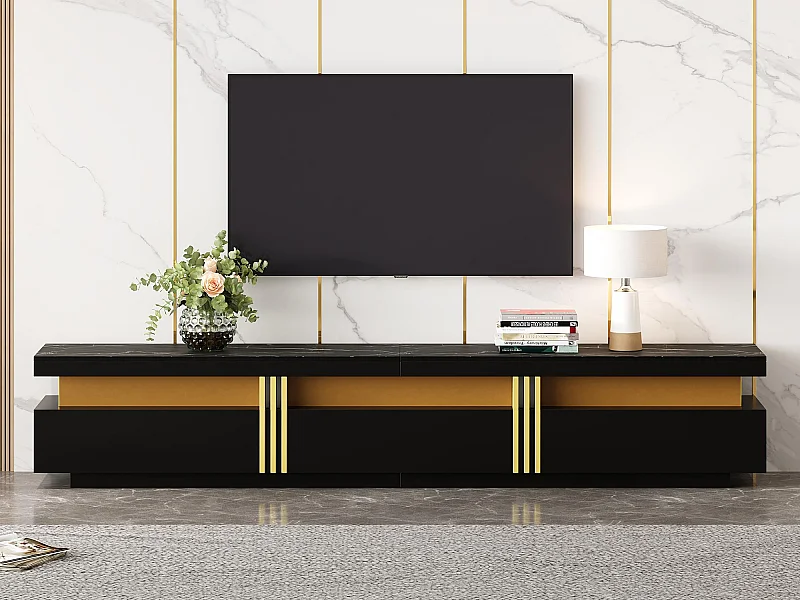 Móvel TV moderno 200cm - com 3 gavetas - efeito mármore - Preto