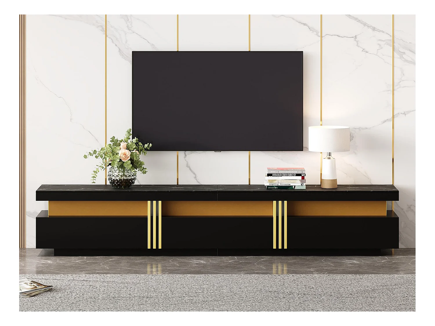 Meuble TV moderne 200cm - avec 3 tiroirs - effet marbre - Noir