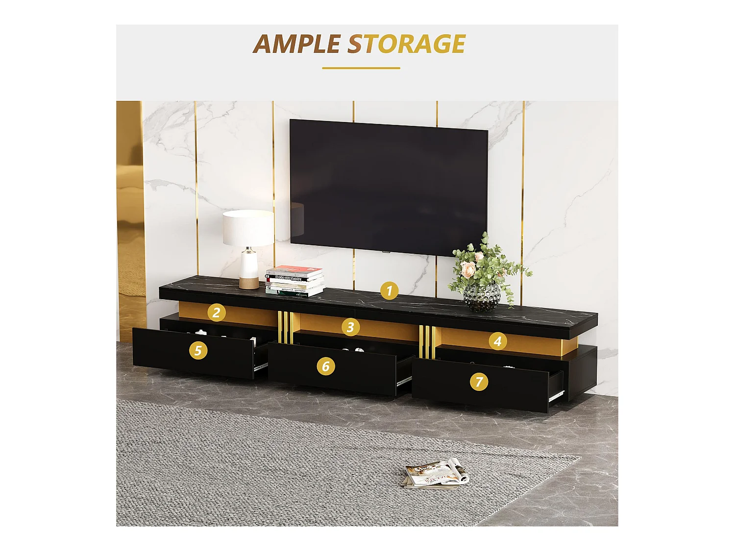 Mueble TV moderno 200 cm - con 3 cajones - efecto mármol - Negro