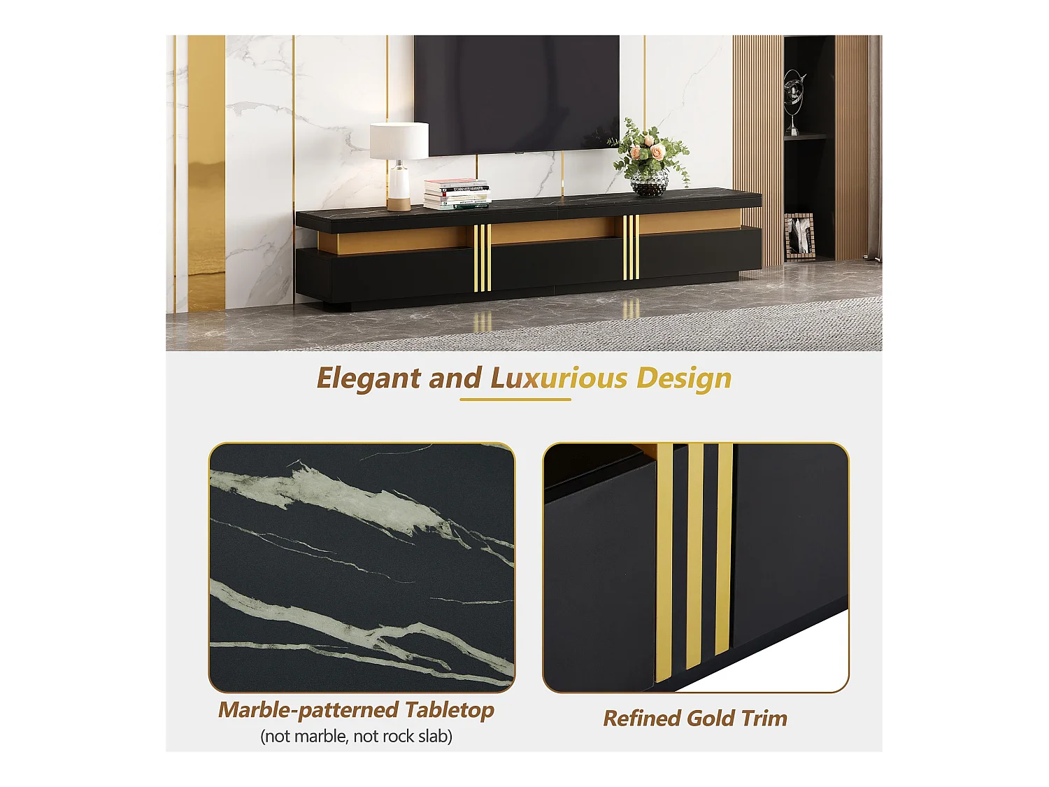 Mueble TV moderno 200 cm - con 3 cajones - efecto mármol - Negro