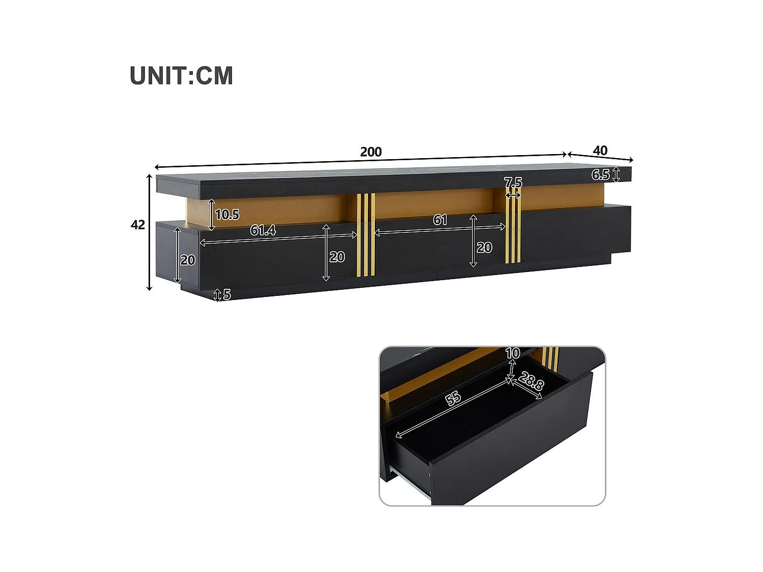 Mueble TV moderno 200 cm - con 3 cajones - efecto mármol - Negro