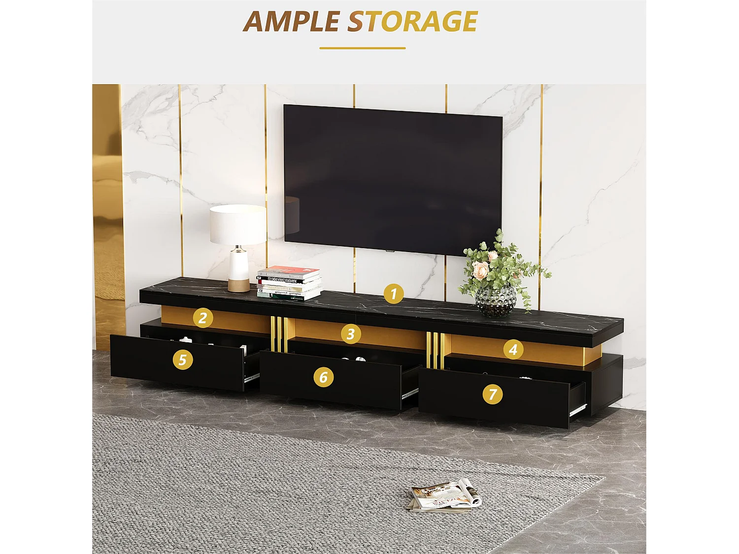 Meuble TV moderne 200cm - avec 3 tiroirs - effet marbre - Noir