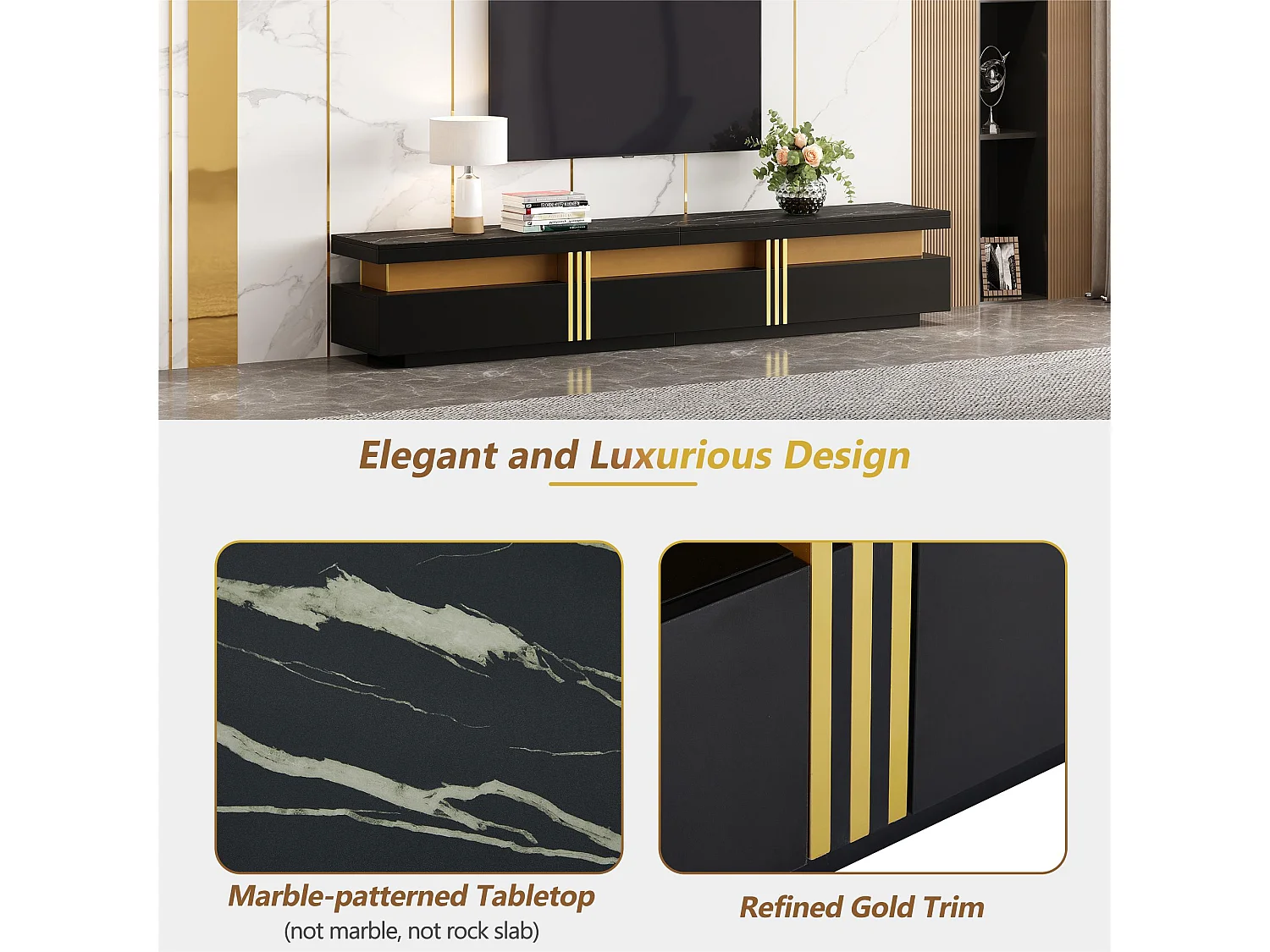 Meuble TV moderne 200cm - avec 3 tiroirs - effet marbre - Noir