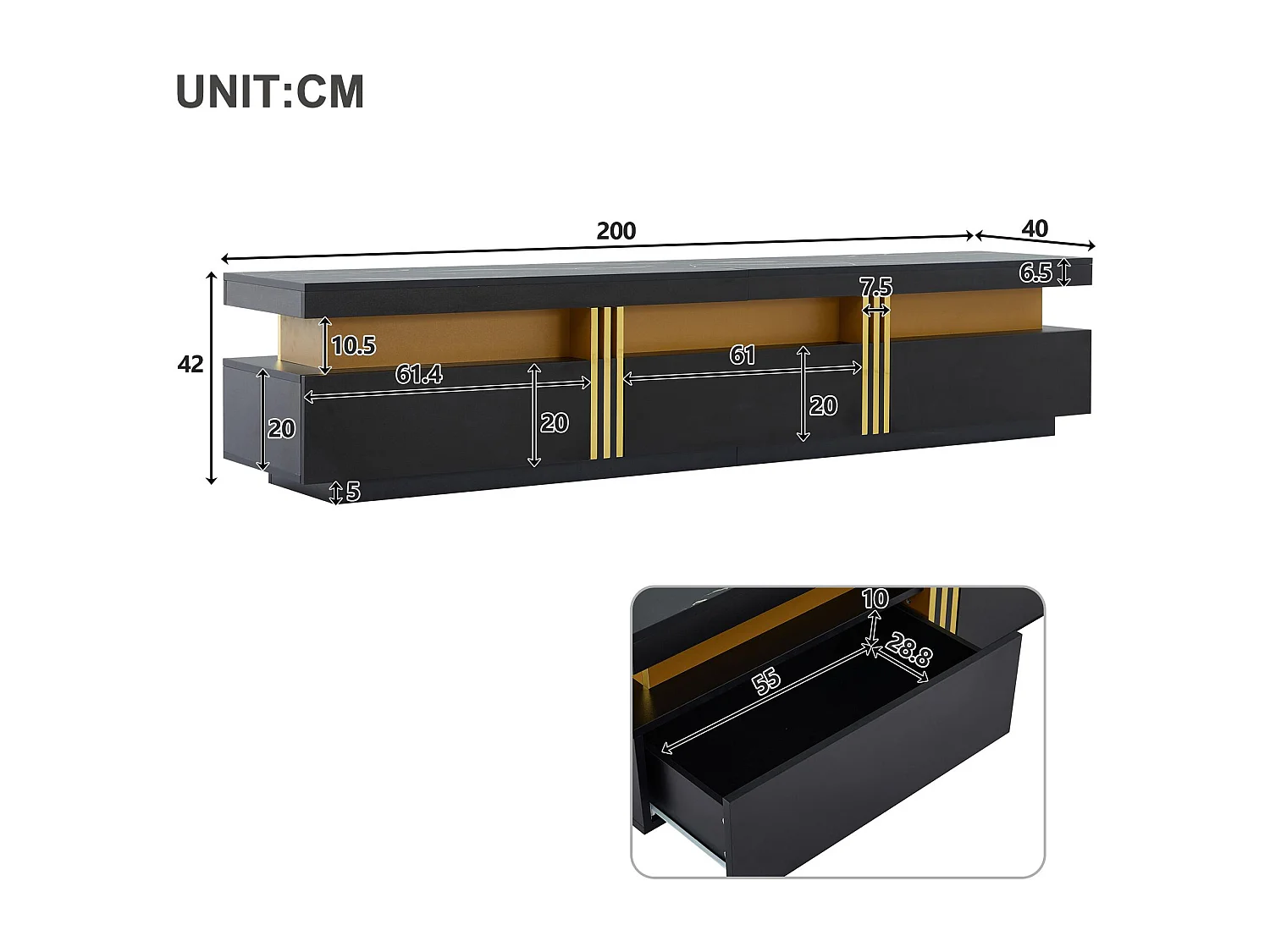 Meuble TV moderne 200cm - avec 3 tiroirs - effet marbre - Noir