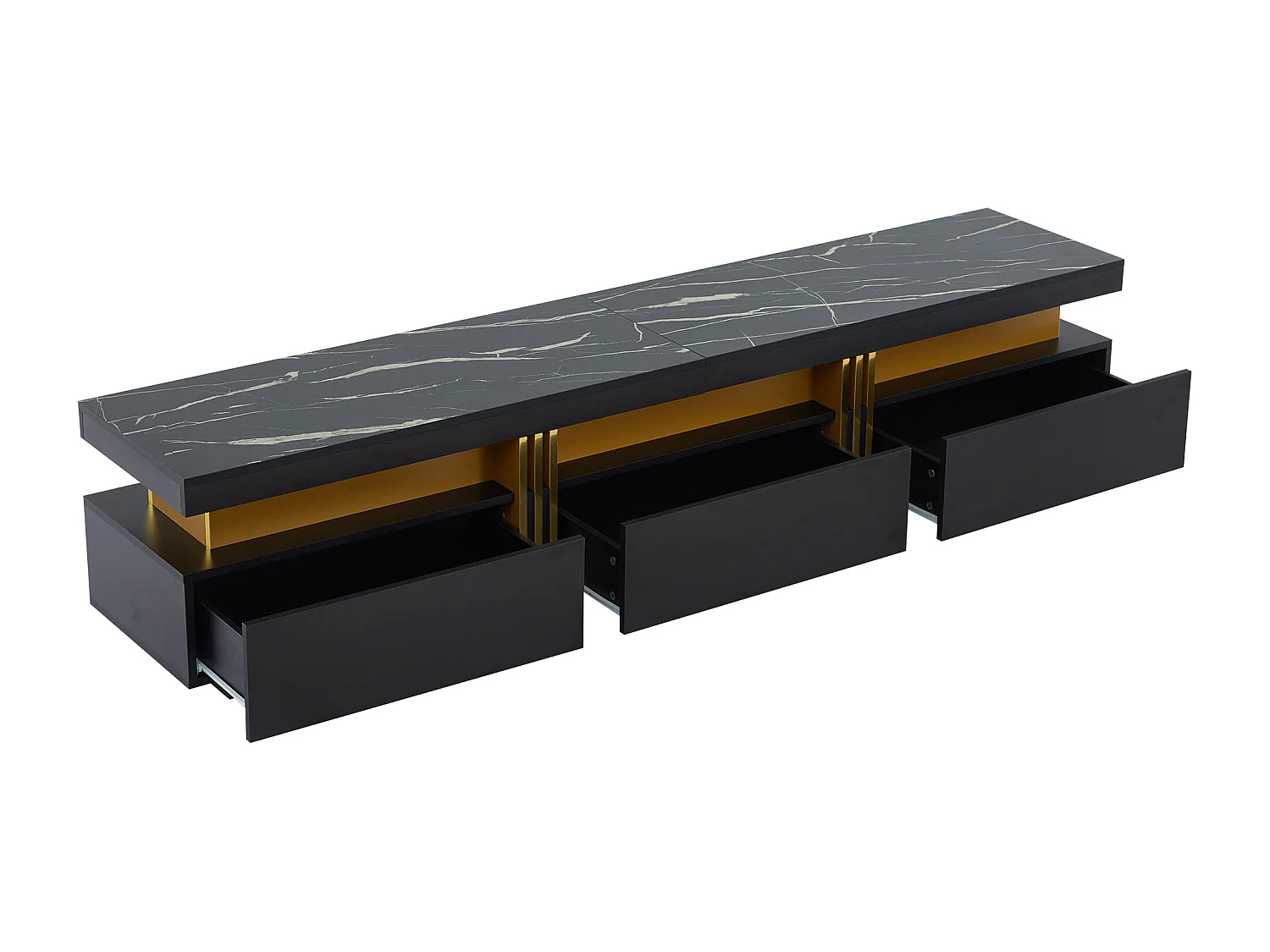 Meuble TV moderne 200cm - avec 3 tiroirs - effet marbre - Noir