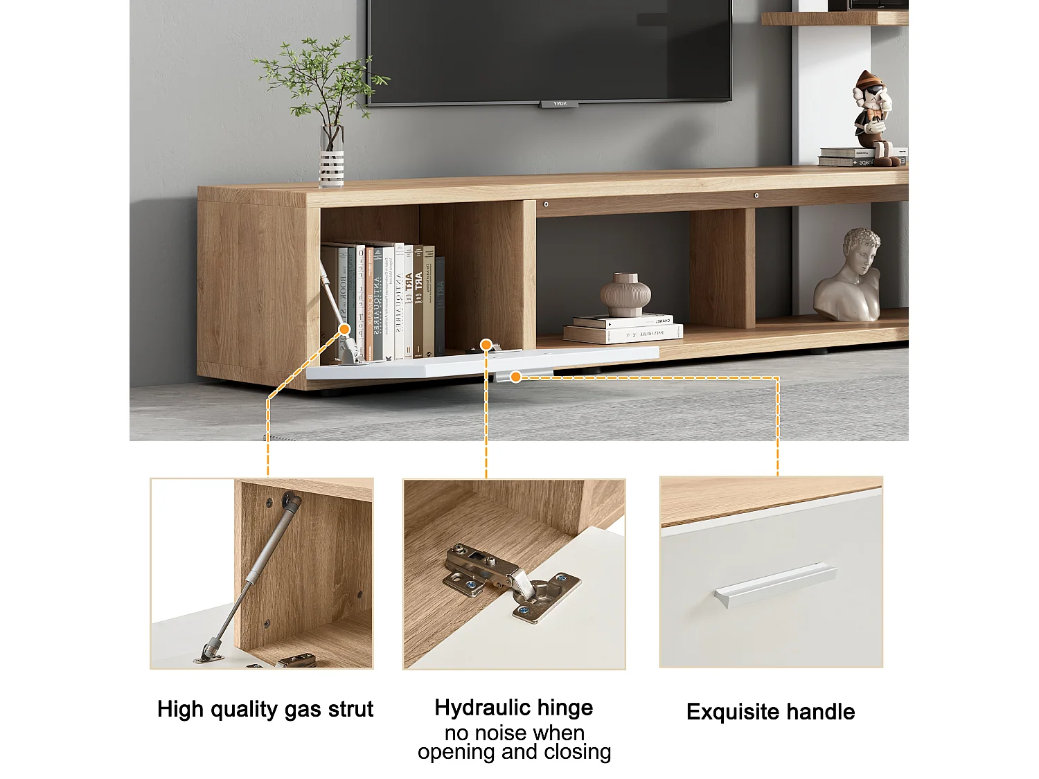 Mur TV avec rangements - 3 compartiments et 3 étagères - Blanc & Naturel