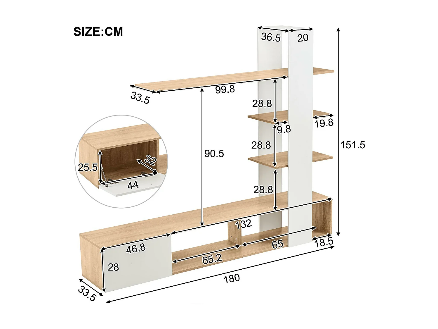 Mur TV avec rangements - 3 compartiments et 3 étagères - Blanc & Naturel