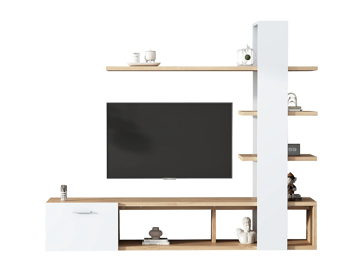 Mur TV avec rangements - 3 compartiments et 3 étagères - Blanc & Naturel