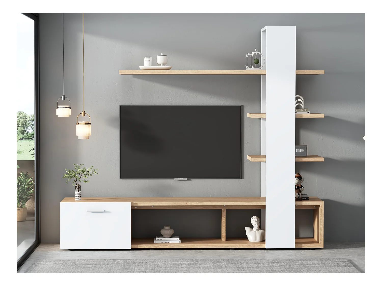 Mur TV avec rangements - 3 compartiments et 3 étagères - Blanc & Naturel