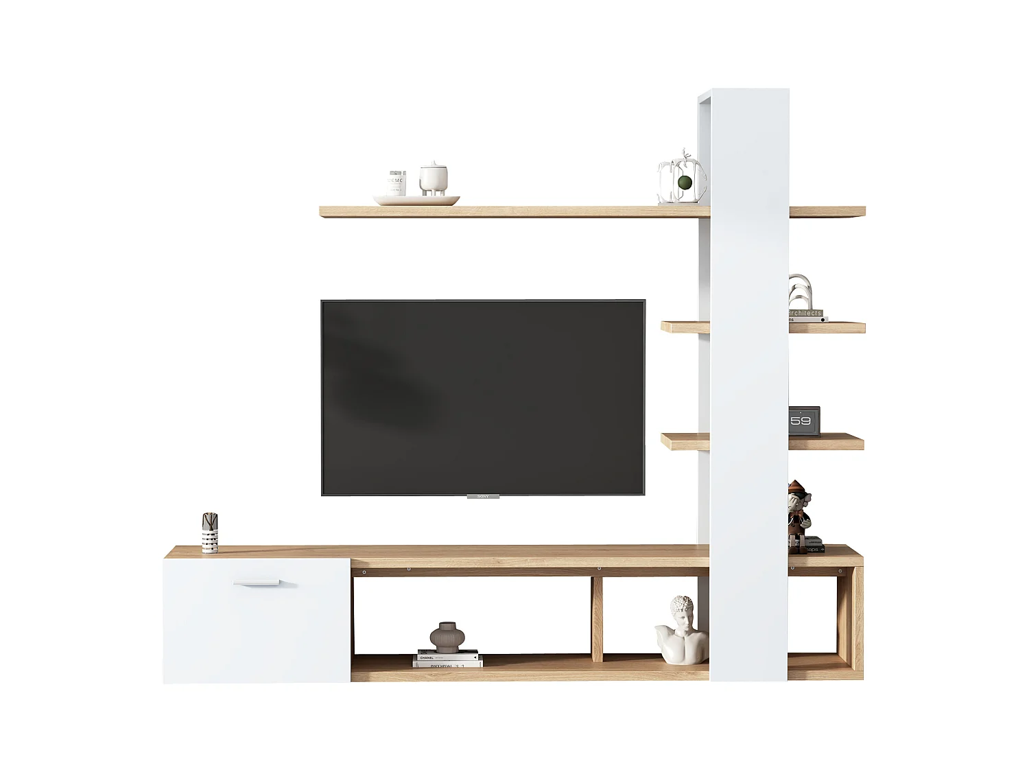 TV-Wand mit Stauraum – 3 Fächer und 3 Regale – Weiß und Natur