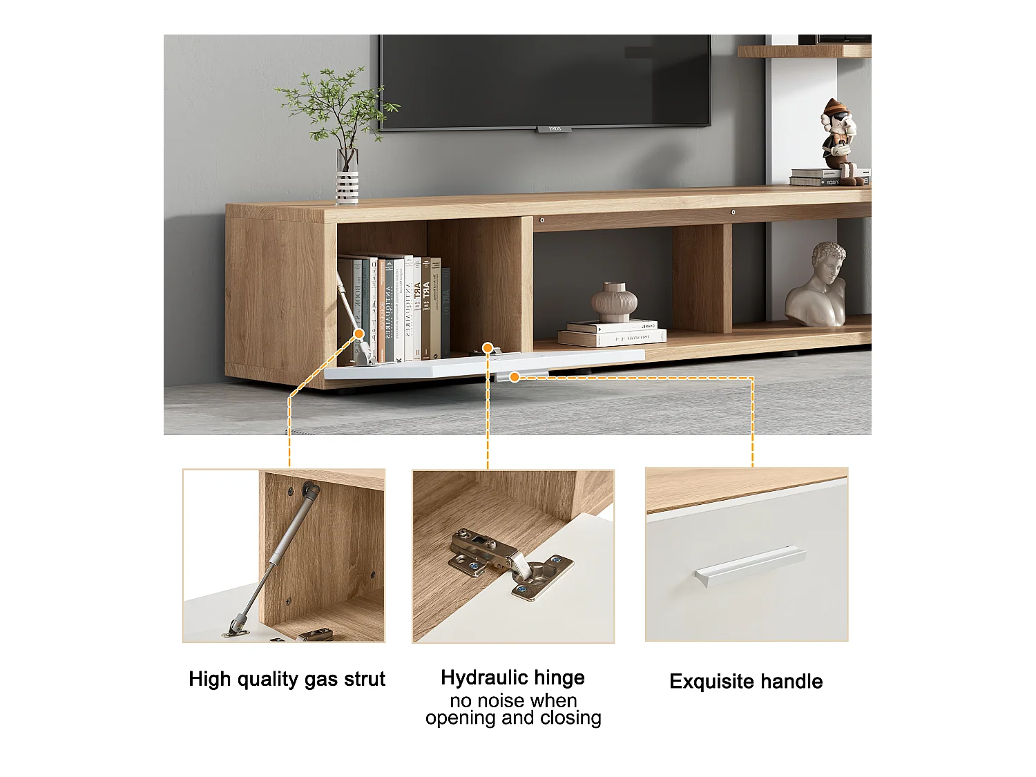 TV-Wand mit Stauraum – 3 Fächer und 3 Regale – Weiß und Natur