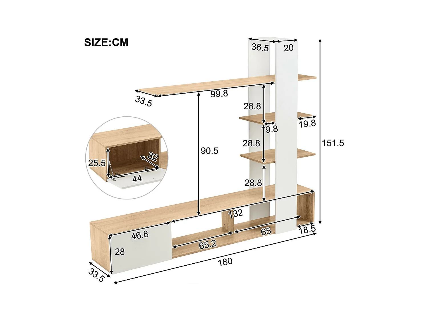 TV-Wand mit Stauraum – 3 Fächer und 3 Regale – Weiß und Natur