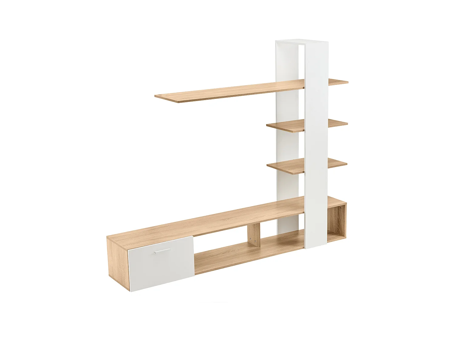 TV-Wand mit Stauraum – 3 Fächer und 3 Regale – Weiß und Natur