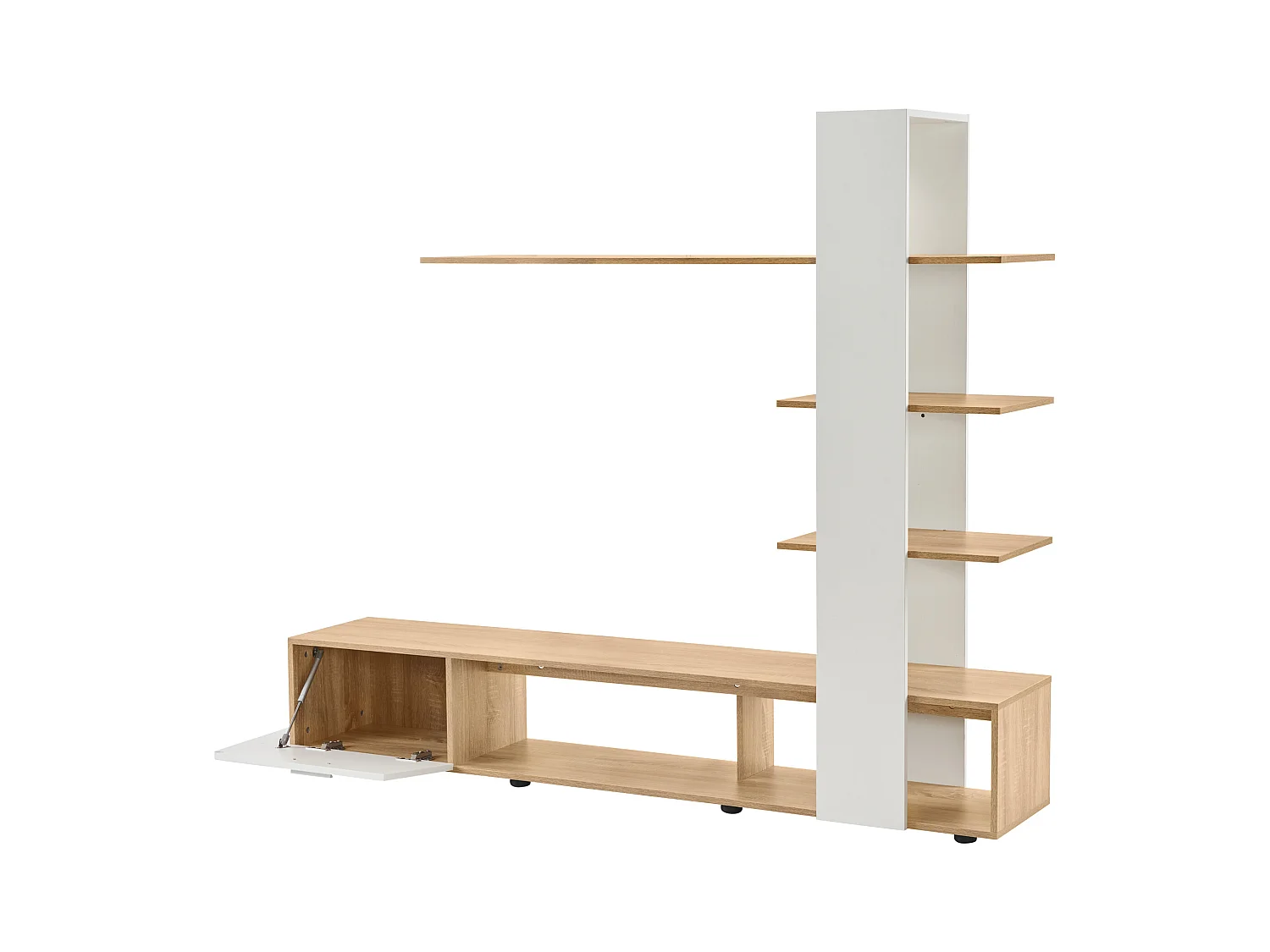 TV-Wand mit Stauraum – 3 Fächer und 3 Regale – Weiß und Natur